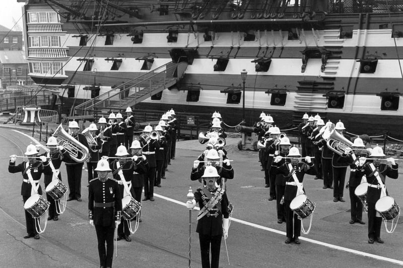 The Royal Marines band playing in formation to the side of HMS Victory in July 1979. The News PP4084