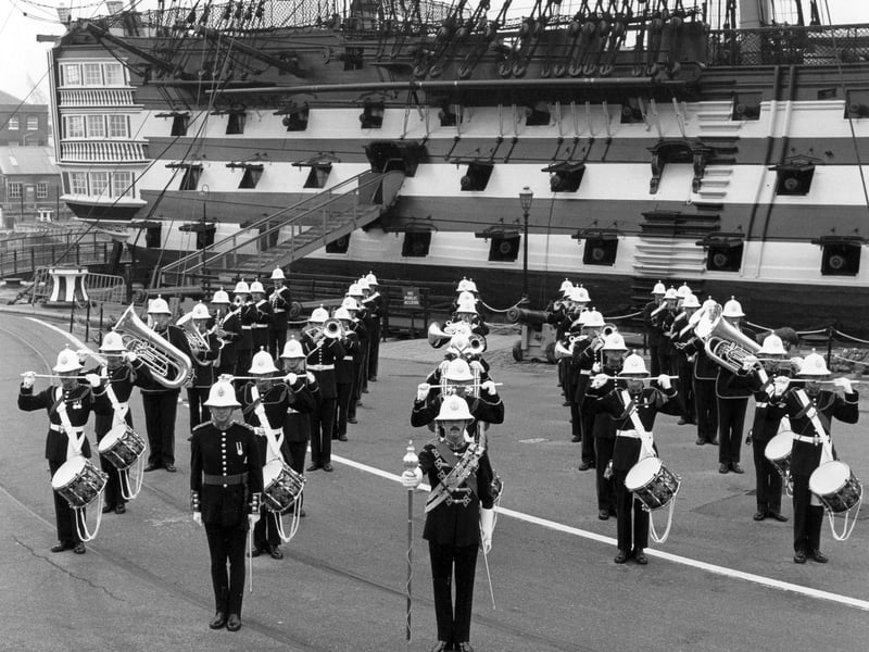The Royal Marines band playing in formation to the side of HMS Victory in July 1979. The News PP4084