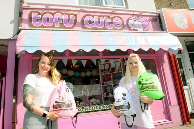 Tofu Cute in Kingston Road, Portsmouth.

Pictured is: (l-r) Laska Goldsack, Tofu Cute manager and Devon King, video content manager.

Picture: Sarah Standing (170920-4118)