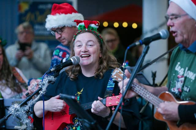 The Ukes of Hazard entertain the crowds at HTC Christmas Fayre 2024. Picture: Chris Moorhouse (161124-43)