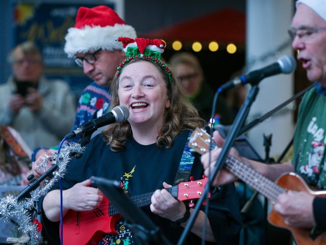 The Ukes of Hazard entertain the crowds at HTC Christmas Fayre 2024. Picture: Chris Moorhouse (161124-43)