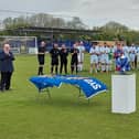 Hamworthy United's Steve Devlin about to collect his man of the match award following the Hammers' 3-1 win over US Portsmouth in the Wessex League Cup final at AFC Portchester this afternoon.