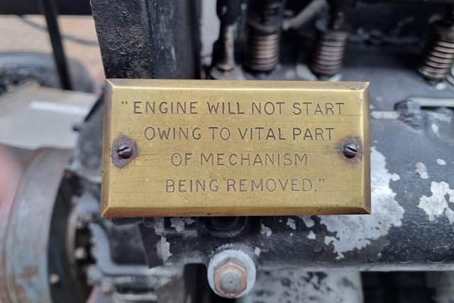Plaque attached to front engine before Sunbeam arrived at the National Motor Museum