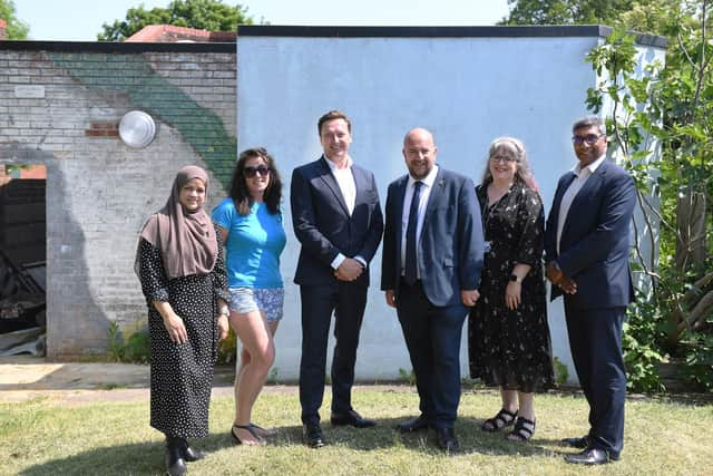 L-R: Marshada Chowdhury, Project and Partnership Lead in Play and Youth Service; Liz Rivano, Play Development Site Leader; Scott Jamieson, Managing Director of BAE Systems Maritime Services; Councillor Steve Pitt, Leader of the Council; Jane Lamer, Head of Economic Development and Skills; and Jay Bhart, Strategic Development Director, BAE Systems Maritime Services. Picture: Portsmouth City Council.