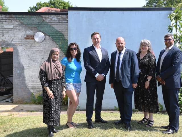 L-R: Marshada Chowdhury, Project and Partnership Lead in Play and Youth Service; Liz Rivano, Play Development Site Leader; Scott Jamieson, Managing Director of BAE Systems Maritime Services; Councillor Steve Pitt, Leader of the Council; Jane Lamer, Head of Economic Development and Skills; and Jay Bhart, Strategic Development Director, BAE Systems Maritime Services. Picture: Portsmouth City Council.