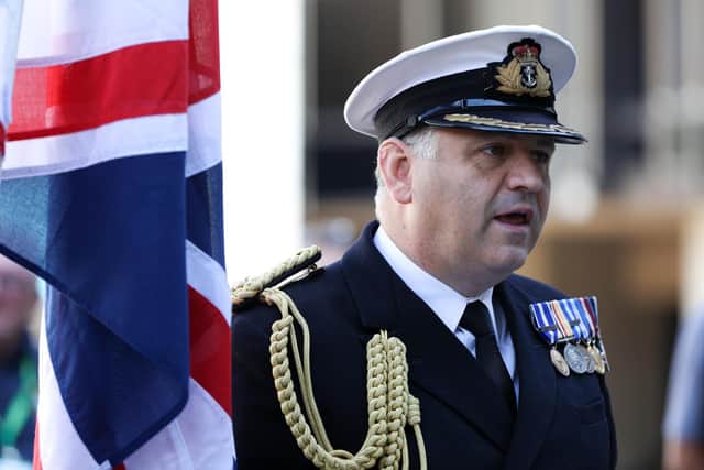 Commander of HM Naval Base, Portsmouth, Cdre Jeremy Bailey. Raising of the Armed Forces Day flag and the Union flag on Armed Forces Day, Civic Offices, Guildhall Square, Portsmouth
Picture: Chris Moorhouse (jpns 250621-04)