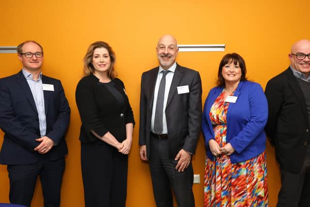 The Dragons, from left, James Sessions of Prysmian Group, Penny Mordaunt MP, Huw Chapman of PETA Ltd, Kelly Sunderland of PEI-Genesis UK Ltd and Tony Mason of PALL corporation. Awards evening at PETA in Northarbour Rd, Portsmouth, where teams of schoolchildren from across the city were pitted against an expert panel, in a Dragon's Den style contest
Picture: Chris Moorhouse (jpns 110222-22)