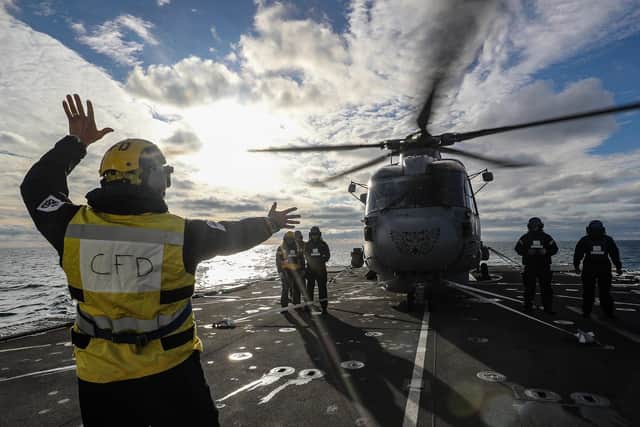 The Flying Tigers from 814 Naval Air Squadron RNAS Culdrose landed for the first time ever onto the Batch 2 River Class Offshore Patrol Vessel HMS Tamar. The ship is conducting patrols of British Waters. Photo: Royal Navy