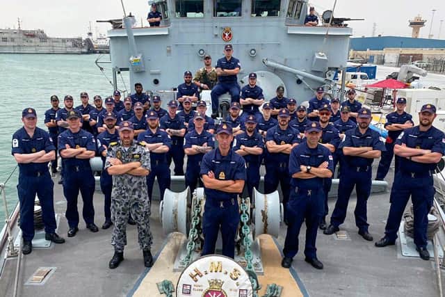 HMS Ledbury's crew marking the ship's 39th birthday in Bahrain. Photo: Royal Navy