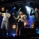 (Left to right) Apl.de.ap, Will.i.am, Fergie, and Taboo of the Black Eyed Peas performing on the Main Stage at BBC Radio 1's Big Weekend, held at Carlisle Airport. Photo: PA