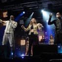 (Left to right) Apl.de.ap, Will.i.am, Fergie, and Taboo of the Black Eyed Peas performing on the Main Stage at BBC Radio 1's Big Weekend, held at Carlisle Airport. Photo: PA