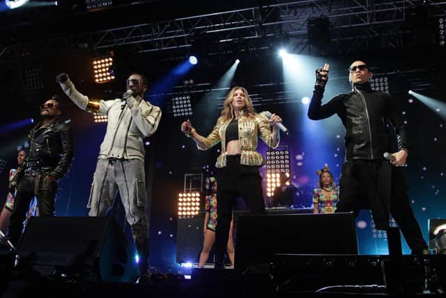 (Left to right) Apl.de.ap, Will.i.am, Fergie, and Taboo of the Black Eyed Peas performing on the Main Stage at BBC Radio 1's Big Weekend, held at Carlisle Airport. Photo: PA