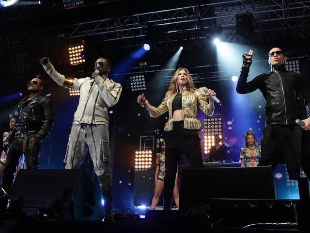 (Left to right) Apl.de.ap, Will.i.am, Fergie, and Taboo of the Black Eyed Peas performing on the Main Stage at BBC Radio 1's Big Weekend, held at Carlisle Airport. Photo: PA