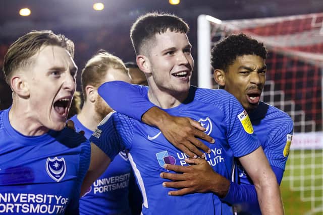George Hirst, centre, celebrates his goal against Lincoln. Picture: Chesterton/phcimages.com