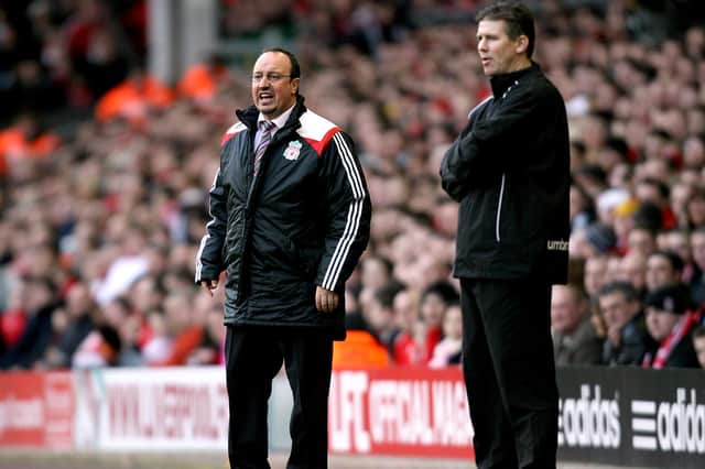 Shaun Gale (right) on the Anfield touchline with Liverpool manager Rafael Benitez during Hawks' famous FA Cup tie in January 2008.