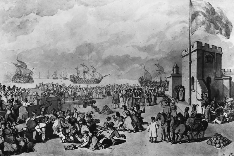 French prizes brought into Portsmouth Harbour after Lord Richard Howe’s victory in the naval Battle of Ushant, or the Glorious First of June, during the French Revolutionary Wars, June 1794. Illustration by Rawlandson. (Photo by Hulton Archive/Getty Images)