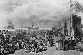 French prizes brought into Portsmouth Harbour after Lord Richard Howe’s victory in the naval Battle of Ushant, or the Glorious First of June, during the French Revolutionary Wars, June 1794. Illustration by Rawlandson. (Photo by Hulton Archive/Getty Images)