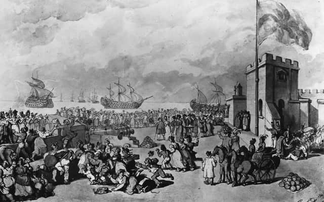 French prizes brought into Portsmouth Harbour after Lord Richard Howe’s victory in the naval Battle of Ushant, or the Glorious First of June, during the French Revolutionary Wars, June 1794. Illustration by Rawlandson. (Photo by Hulton Archive/Getty Images)