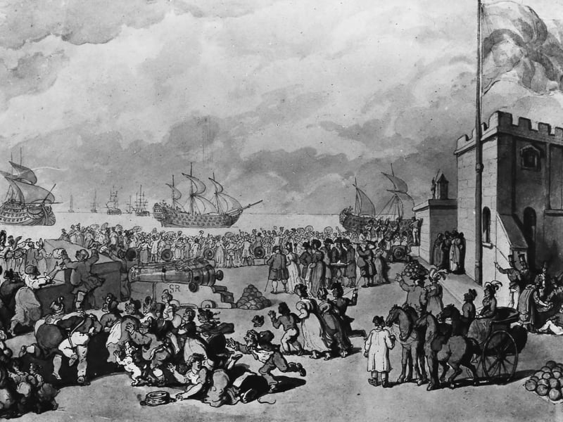 French prizes brought into Portsmouth Harbour after Lord Richard Howe’s victory in the naval Battle of Ushant, or the Glorious First of June, during the French Revolutionary Wars, June 1794. Illustration by Rawlandson. (Photo by Hulton Archive/Getty Images)