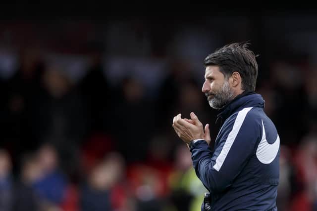 Danny Cowley applauds the Pompey fans at Accrington. Photo by Daniel Chesterton/phcimages.com