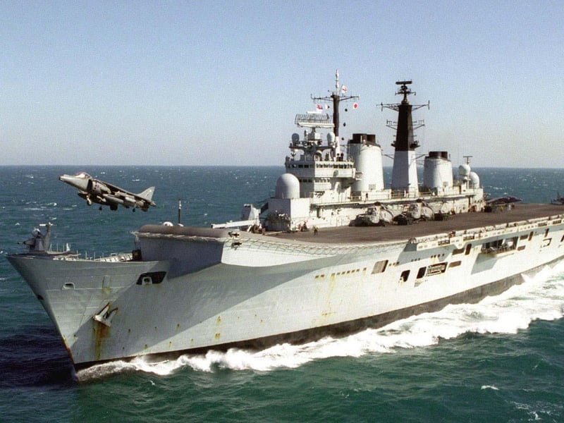 A Harrier aircraft launching from the deck of the aircraft carrier HMS Invincible whilst operating in the Gulf area. PA photo: Royal Navy