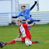 Ryan Pennery goes for goal during Baffins' shock 3-1 home Wessex League 1 loss to city rivals US Portsmouth in December 2016. The two clubs meet again tonight in a league game for the first time since that encounter five years ago. Picture: Malcolm Wells.