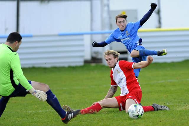 Ryan Pennery goes for goal during Baffins' shock 3-1 home Wessex League 1 loss to city rivals US Portsmouth in December 2016. The two clubs meet again tonight in a league game for the first time since that encounter five years ago. Picture: Malcolm Wells.