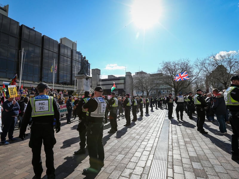 Police kept the protestors apart. Picture: Chris Moorhouse (150325-062)