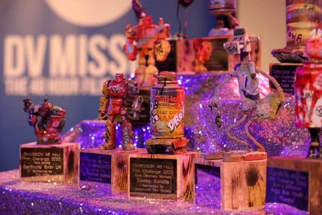 The bespoke awards made for the DV Mission 48 hour film challenge in 2020, at the awards night at The Wedgewood Rooms. PIcture by Anna Zatorska