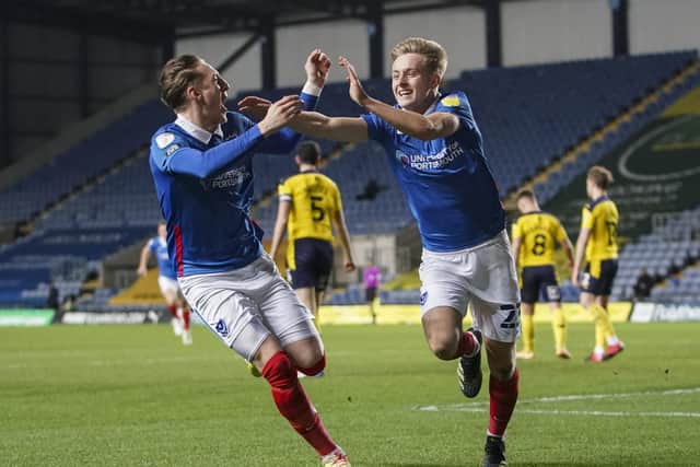 Goal, Oxford United 0-1 Portsmouth, Harvey White of Portsmouth scores during the EFL Sky Bet League 1 match between Oxford United and Portsmouth at the Kassam Stadium, Oxford, England on 23 February 2021.