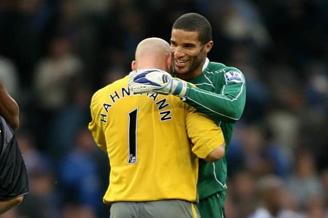 Pompey's David James and Reading's Marcus Hahnemann embrace following the epic 7-4 Premier League encounter in September 2007.  Picture: Barry Coombs