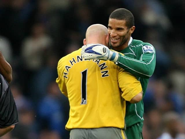 Pompey's David James and Reading's Marcus Hahnemann embrace following the epic 7-4 Premier League encounter in September 2007.  Picture: Barry Coombs