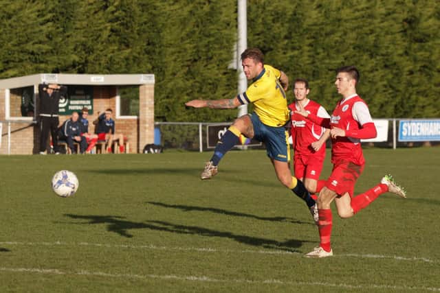 Steve Hutchings fires in a shot for Moneyfields in a Wessex League game against Fawley in February 20i7. Picture: Habibur Rahman