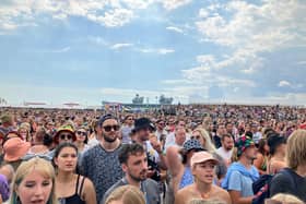 HMS Prince of Wales passing Southsea Common today during Sugababes set at Victorious Festival.