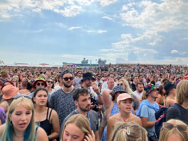 HMS Prince of Wales passing Southsea Common today during Sugababes set at Victorious Festival.