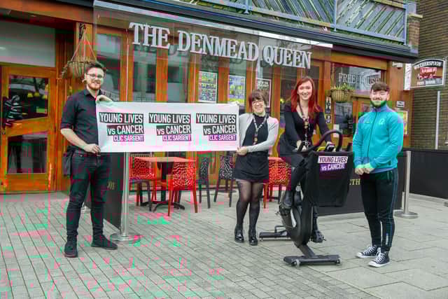 The Denmead Queen, Waterlooville is holding a charity bike ride to raise money for Young Lives vs Cancer on Thursday 10 February 2022
Pictured: Mike Wright of Pure Gym, and staff of Denmead Queen, Jordan Hayter, Vicky Coombe and Sky Locke
Picture: Habibur Rahman