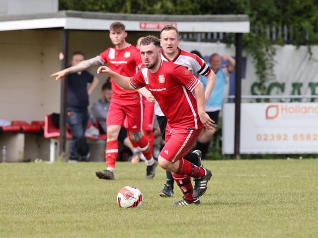 Action from the Oscar Owers Cup final between AFC Stubbinton (all red kit) and Rowner Rovers. Picture: Kevin Shipp