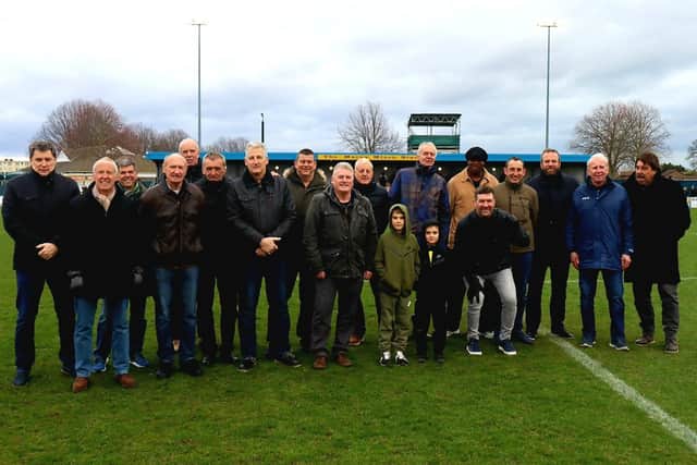 Taking a stroll down memory lane - former Gosport Borough players are introduced to the crowd during the half-time interval against Hendon. Picture: Tom Phillips.