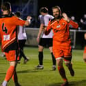 Brett Pitman celebrates his first goal against Pagham last night. Picture by Nathan Lipsham