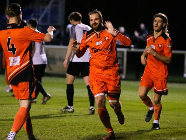 Brett Pitman celebrates his first goal against Pagham last night. Picture by Nathan Lipsham