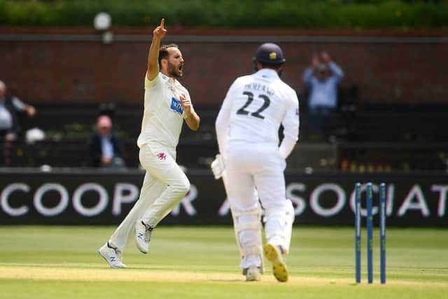 Lewis Gregory of Somerset celebrates after taking the wicket of Ian Holland on the final day of the drawn Championship encounter at Taunton today. Photo by Harry Trump/Getty Images.