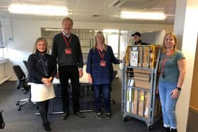 MOVING IN. Beverley Poole, left, Fareham College’s Director of Business Centres, welcomes Hampshire Chamber team members Ross McNally, Chief Executive and Executive Chairman, Eddie Bell, Accounts Executive, and far right, Jackie Highmore, International Trade Manager. Standing behind, second from right, is Brendan Ross from The Recycled Assets Company.