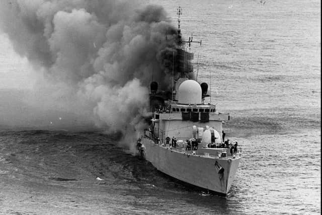 HMS Sheffield after being hit in the Falklands