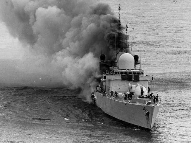 HMS Sheffield after being hit in the Falklands