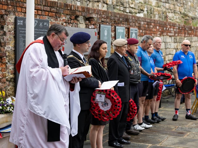 Father Bob White, vicar of St Mary's Church in Fratton, leading the Falklands Memorial Service at Old Portsmouth.