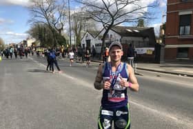 Geraint completing the Manchester Marathon ahead of his 250 mile cycle ride.