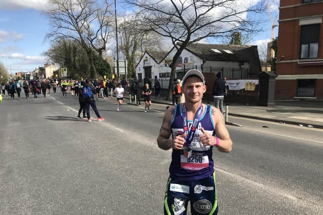 Geraint completing the Manchester Marathon ahead of his 250 mile cycle ride.