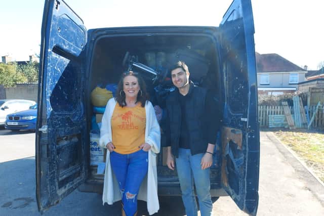 Medina Primary School with donations to send to Ukraine.Charley Francis and Dmitry Kukuruza from Astra Recycling with the donations.