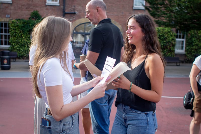 A-level results 2024 at Portsmouth Grammar school, Portsmouth on Thursday, August 15, 2024Pictured: Students happy with their resultsPicture: Habibur Rahman