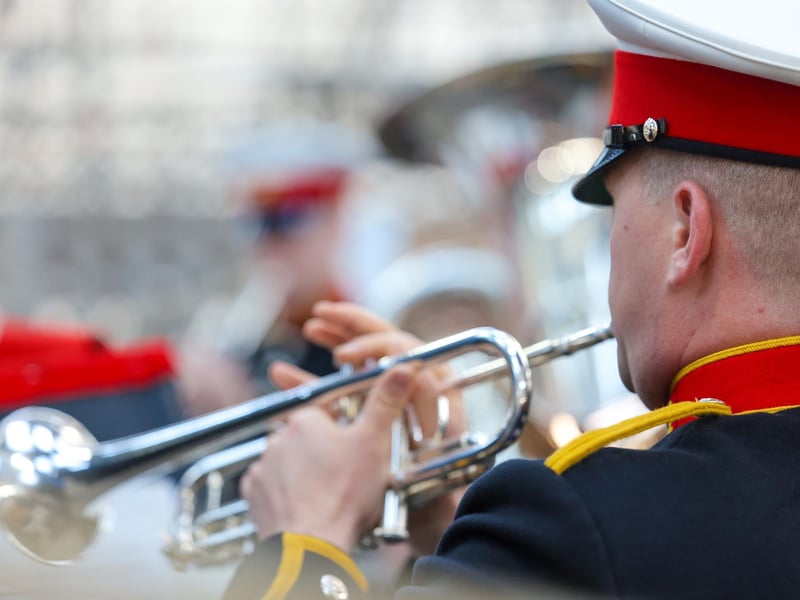 Pictured: The Royal Marines Band perform during the ceremony onboard HMS Victory.